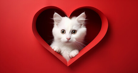 Fluffy adorable cat peeking out of the hole in the form of a red Heart, the concept of the Valentine's Day holiday