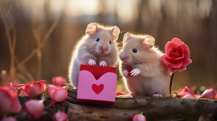 Cute hamsters in love celebrating Valentine's Day and opening a gift