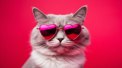 Stylish fluffy cat in sunglasses in the form of hearts on a pink background, the concept of Valentine's Day