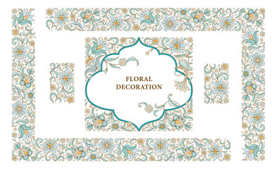 Vector flower pattern, floral square frame, corner vignettes, border, bird, card design template. Elements in Eastern style. Floral borders, flower illustration. Ethnic isolated ornament