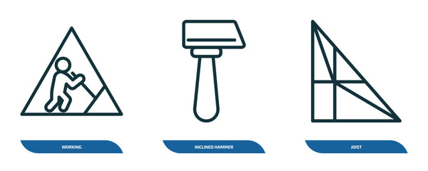 set of 3 linear icons from construction concept. outline icons such as working, inclined hammer, joist vector