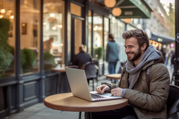 Happy young man using laptop computer sitting outdoor. Smiling guy student or professional looking away in city cafe elearning, hybrid working, searching job online. Copy space