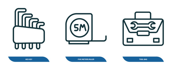 set of 3 linear icons from construction concept. outline icons such as hex key, five meters ruler, tool bag vector