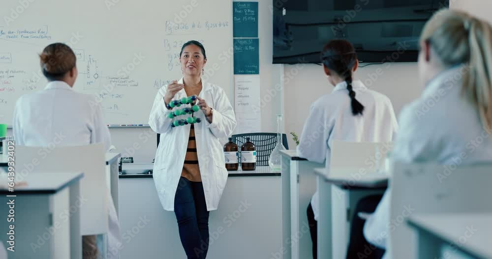 Poster science, molecules and an asian woman professor teaching class in a laboratory for innovation. schoo