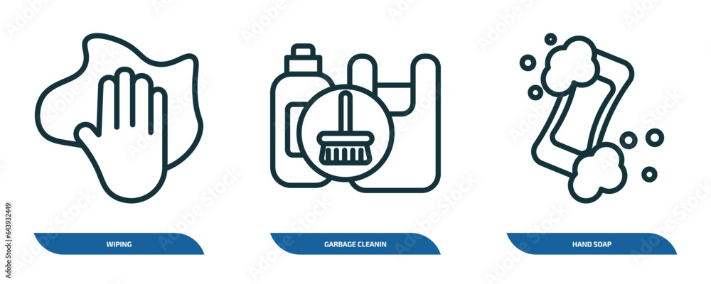 Poster set of 3 linear icons from cleaning concept. outline icons such as wiping, garbage cleanin, hand soa