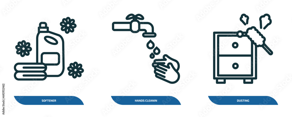 Poster set of 3 linear icons from cleaning concept. outline icons such as softener, hands cleanin, dusting 