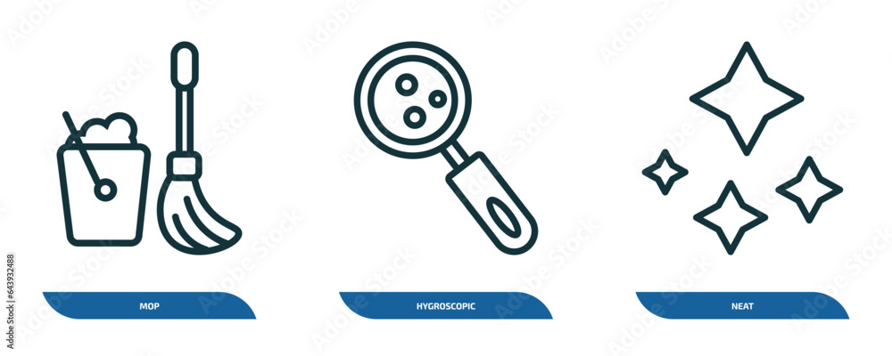 Poster set of 3 linear icons from cleaning concept. outline icons such as mop, hygroscopic, neat vector
