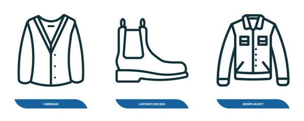 set of 3 linear icons from clothes concept. outline icons such as cardigan, leather chelsea boots, denim jacket vector
