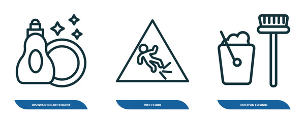 set of 3 linear icons from cleaning concept. outline icons such as dishwashing detergent, wet floor, dustpan cleanin vector