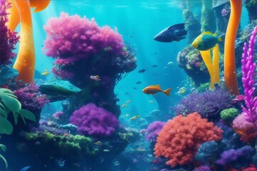 A vibrant, technicolor bio-engineered ecosystem, teeming with life and energy.Created with generative AI - obrazy, fototapety, plakaty