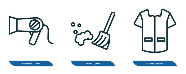 set of 3 linear icons from cleaning concept. outline icons such as hairdryer cleanin, broom cleanin, cleaner uniform vector