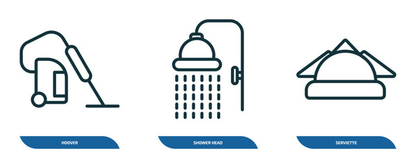 set of 3 linear icons from cleaning concept. outline icons such as hoover, shower head, serviette vector