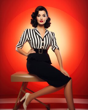 Girl in pin up style on a red background.