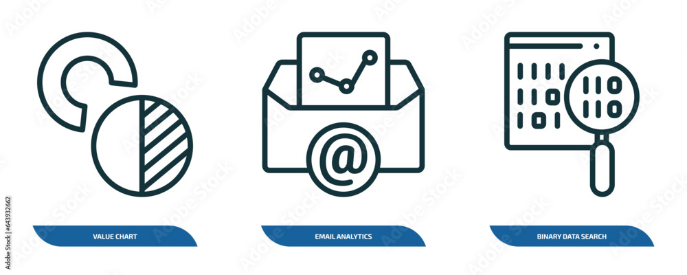 Poster set of 3 linear icons from business and analytics concept. outline icons such as value chart, email 