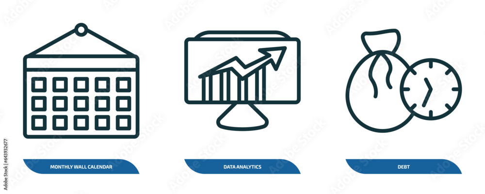 Aufkleber set of 3 linear icons from business and analytics concept. outline icons such as monthly wall calend