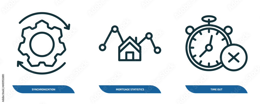 Poster set of 3 linear icons from business and finance concept. outline icons such as synchronization, mort