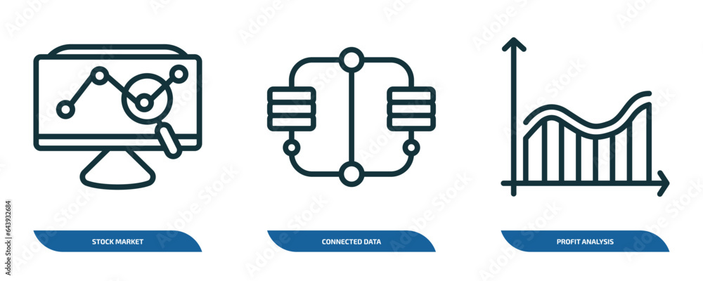 Poster set of 3 linear icons from business and analytics concept. outline icons such as stock market, conne