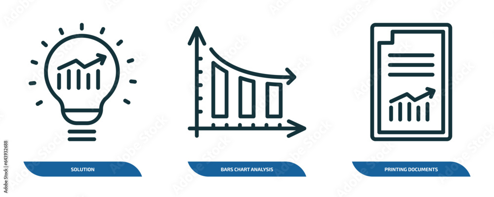 Poster set of 3 linear icons from business and finance concept. outline icons such as solution, bars chart 