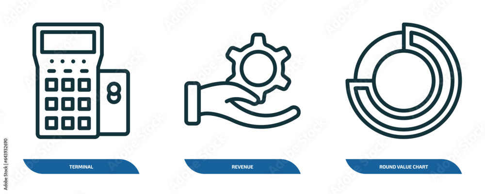 Poster set of 3 linear icons from business and analytics concept. outline icons such as terminal, revenue, 