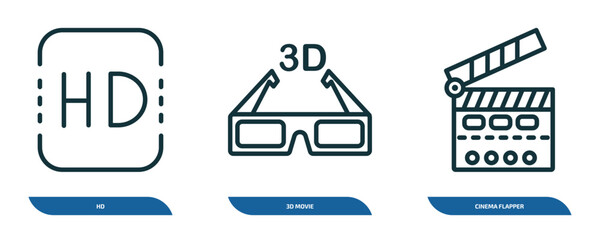 set of 3 linear icons from cinema concept. outline icons such as hd, 3d movie, cinema flapper vector