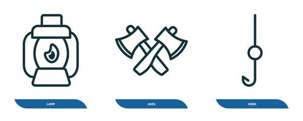 set of 3 linear icons from camping concept. outline icons such as lamp, axes, hook vector