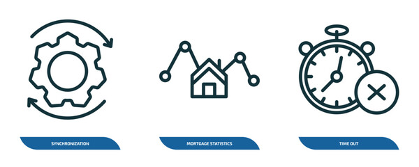 set of 3 linear icons from business and finance concept. outline icons such as synchronization, mortgage statistics, time out vector