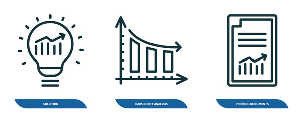 set of 3 linear icons from business and finance concept. outline icons such as solution, bars chart analysis, printing documents vector