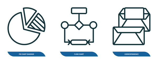 set of 3 linear icons from business and analytics concept. outline icons such as pie chart diagram, flow chart, correspondence vector
