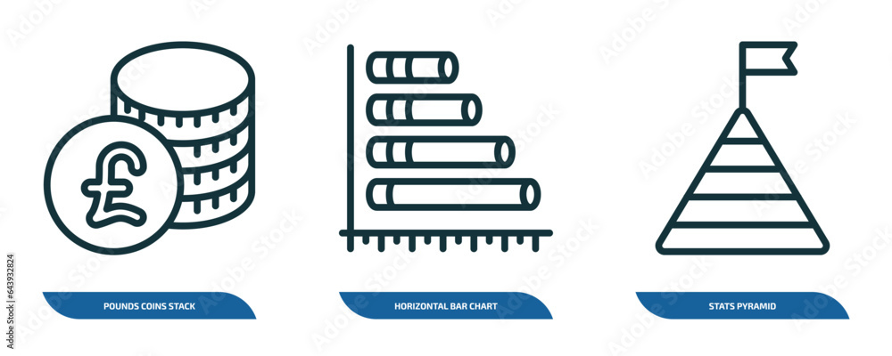 Poster set of 3 linear icons from business concept. outline icons such as pounds coins stack, horizontal ba