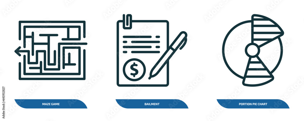 Poster set of 3 linear icons from business concept. outline icons such as maze game, bailment, portion pie 
