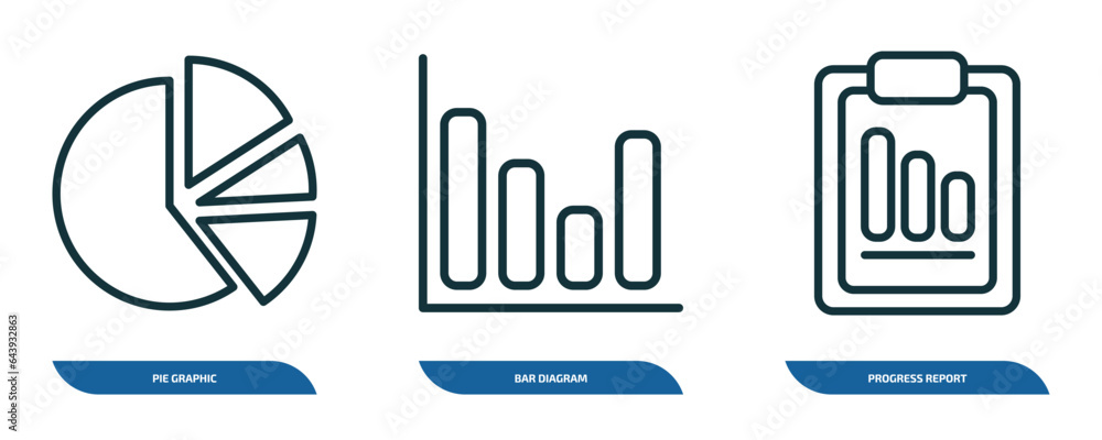Aufkleber set of 3 linear icons from business concept. outline icons such as pie graphic, bar diagram, progres