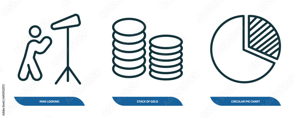 Poster set of 3 linear icons from business concept. outline icons such as man looking, stack of gold, circu