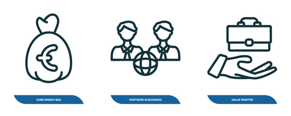 set of 3 linear icons from business concept. outline icons such as euro money bag, partners in business, value pointer vector