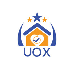 UOX House logo Letter logo and star icon. Blue vector image on white background. KJG house Monogram home logo picture design and best business icon. 
