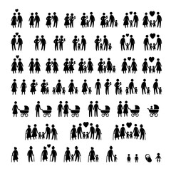 Vector Black Silhouette Icon Set of Different Family Isolated on White Background