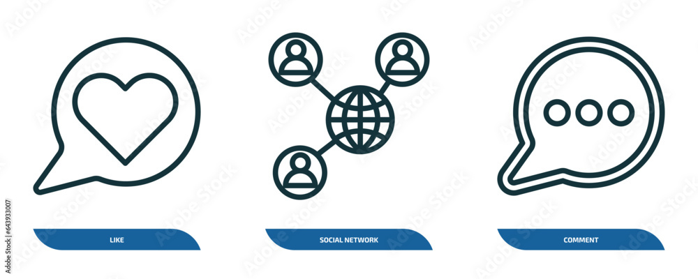 Poster set of 3 linear icons from blogger and influencer concept. outline icons such as like, social networ