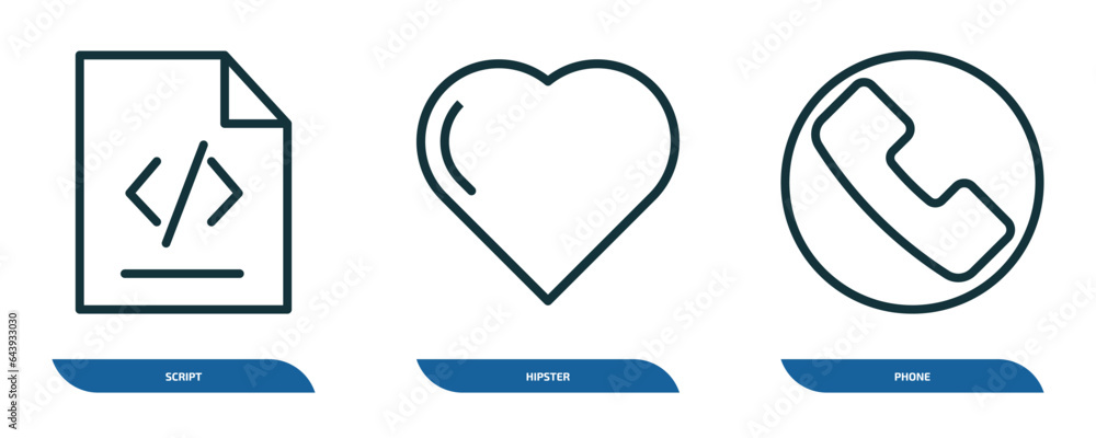 Poster set of 3 linear icons from blogger and influencer concept. outline icons such as script, hipster, ph