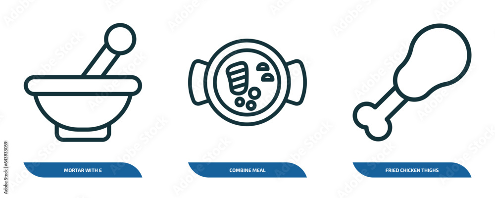 Poster set of 3 linear icons from bistro and restaurant concept. outline icons such as mortar with e, combi