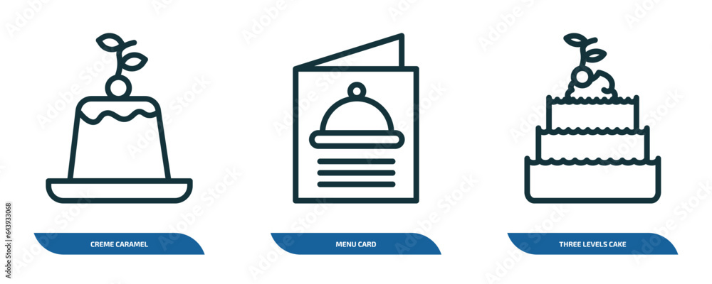 Poster set of 3 linear icons from bistro and restaurant concept. outline icons such as creme caramel, menu 