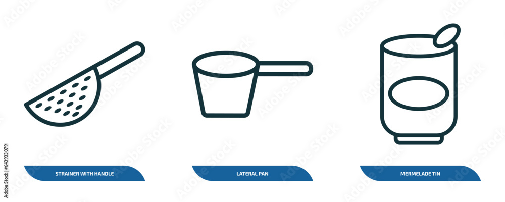Poster set of 3 linear icons from bistro and restaurant concept. outline icons such as strainer with handle