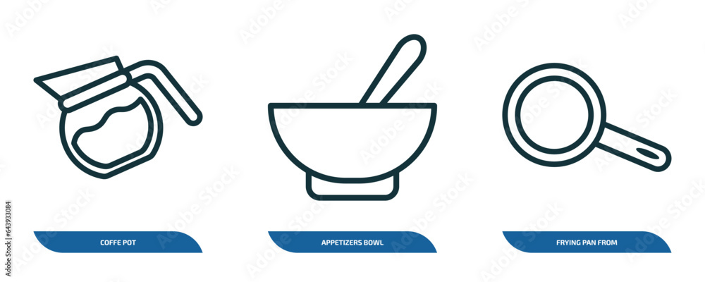 Poster set of 3 linear icons from collection. thin linear concept. outline icons such as coffe pot, appetiz