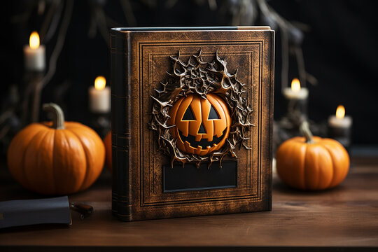 Generative AI Image of Ancient Book with Halloween Pumpkin Cover on a Wooden Table