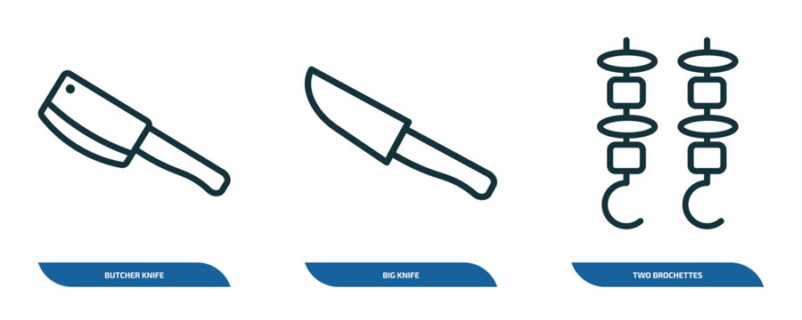 set of 3 linear icons from bistro and restaurant concept. outline icons such as butcher knife, big knife, two brochettes vector