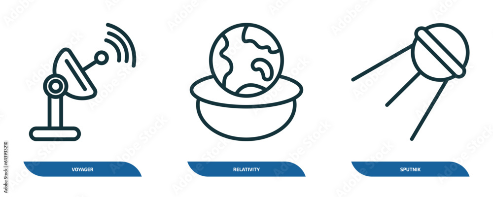 Poster set of 3 linear icons from astronomy concept. outline icons such as voyager, relativity, sputnik vec