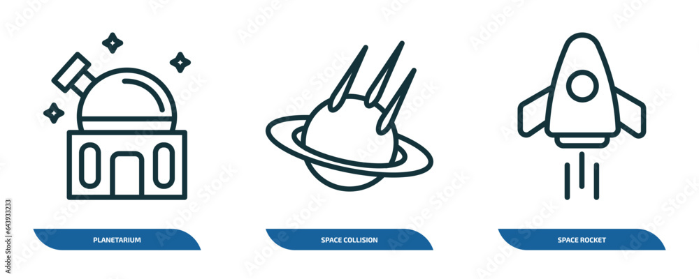 Poster set of 3 linear icons from astronomy concept. outline icons such as planetarium, space collision, sp