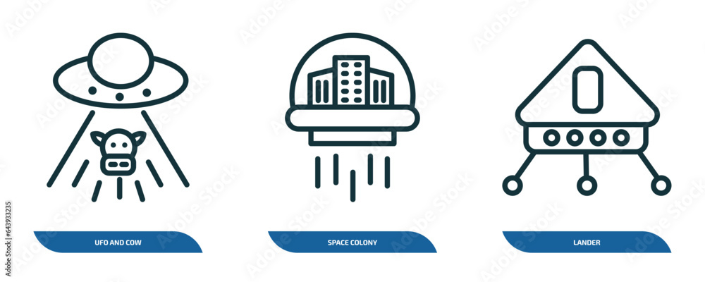 Poster set of 3 linear icons from astronomy concept. outline icons such as ufo and cow, space colony, lande