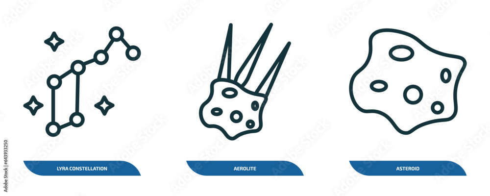 Poster set of 3 linear icons from astronomy concept. outline icons such as lyra constellation, aerolite, as