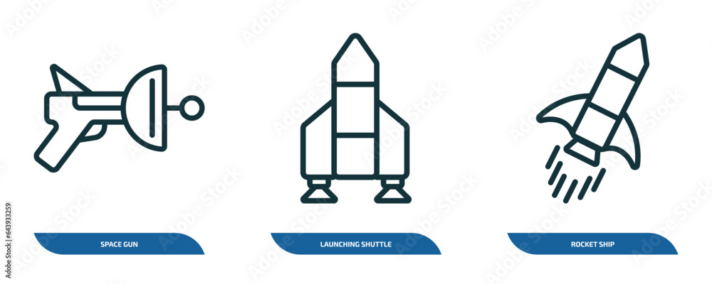 Poster set of 3 linear icons from astronomy concept. outline icons such as space gun, launching shuttle, ro