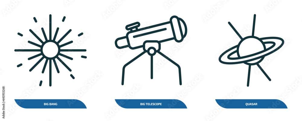 Poster set of 3 linear icons from astronomy concept. outline icons such as big bang, big telescope, quasar 