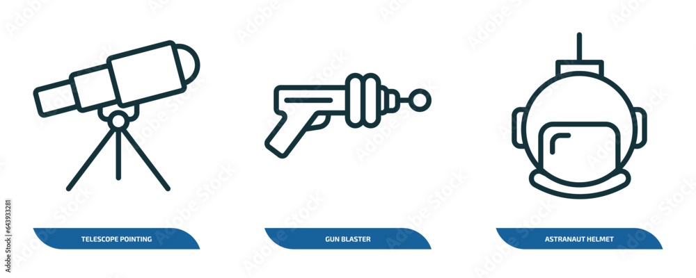 Poster set of 3 linear icons from astronomy concept. outline icons such as telescope pointing up, gun blast